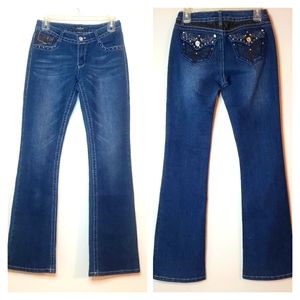 Southpole Jeans Blue Denim Black Faux Leather Beaded Jeans